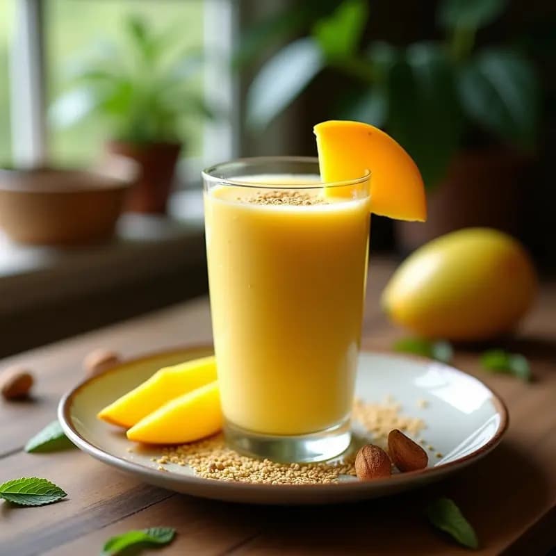 Vaso alto transparente con lassi de mango y cardamomo, bebida cremosa de color amarillo pálido, decorada con polvo de cardamomo y rodaja de mango, sobre fondo rústico de madera con hojas de menta.