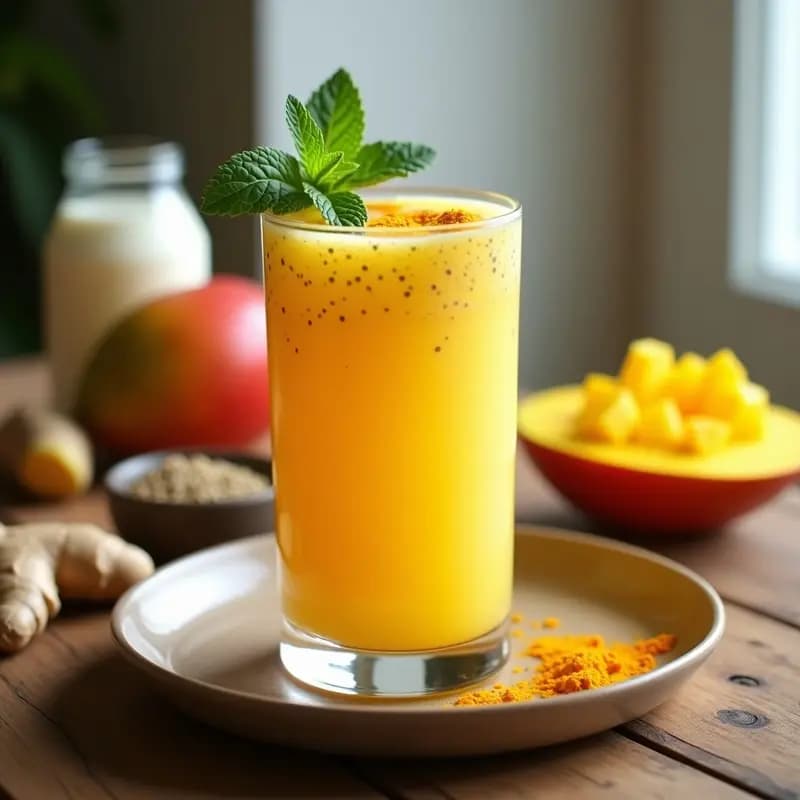 Vaso alto transparente con lassi de mango y chía sin lácteos, de color dorado cremoso con semillas de chía visibles en suspensión. Decorado con hojas de menta fresca y una pizca de cúrcuma en polvo en la superficie. Fondo borroso con ingredientes como mango, chía y jengibre alrededor.