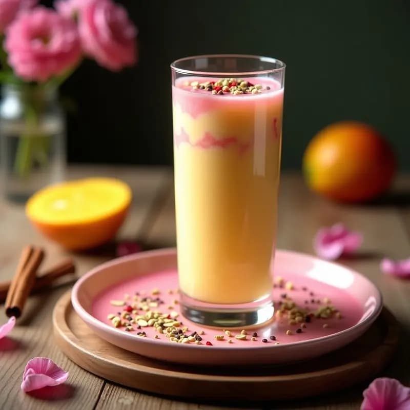 Vaso alto de cristal con Lassi de Mango y Rosa, bebida pakistaní vegana de color amarillo dorado, decorado con semillas de chía, pétalos de rosa comestibles y cubos de mango fresco, sobre fondo de madera con hojas de menta y una caña de canela.