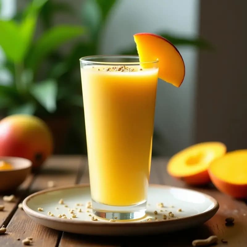 Vaso alto transparente con lassi de mango indio, bebida cremosa de color amarillo dorado, decorada con semillas de cardamomo y una rodaja de mango fresco. Fondo borroso con hojas verdes y luz natural.