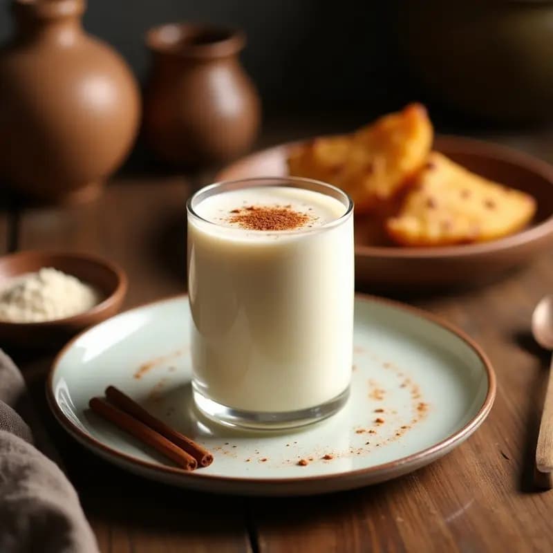 Vaso alto transparente con Lassi de Masaala Chai, bebida india cremosa de color beige claro con especias visibles, decorado con hojas de menta fresca y un toque de canela en polvo por encima, sobre una mesa de madera rústica con un fondo desenfocado de especias y yogur de coco.