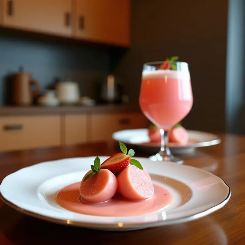 Vaso alto de cristal con Lassi de Mérida y Rosa, bebida india refrescante de color crema con toques rosados, decorada con pétalos de rosa comestibles y pistachos fileteados, servida con hielo y una rodaja de limón mérida al lado, sobre una mesa de madera rústica con especias al fondo.