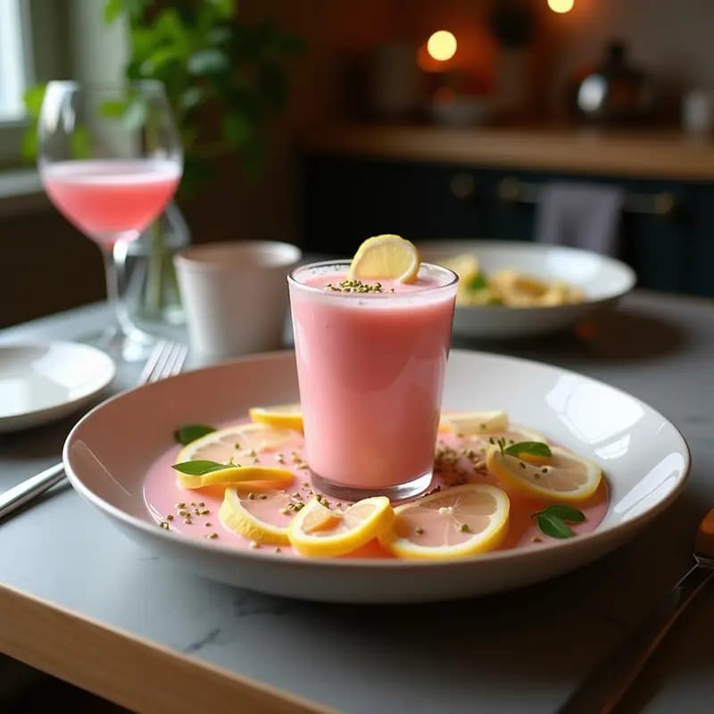 Vaso alto de cristal con Lassi de Rosa con Cardamomo y Pistachos, bebida cremosa de color rosado pálido, decorada con pétalos de rosa comestibles, pistachos tostados picados y una pizca de cardamomo en polvo. Fondo borroso con especias y flores frescas.