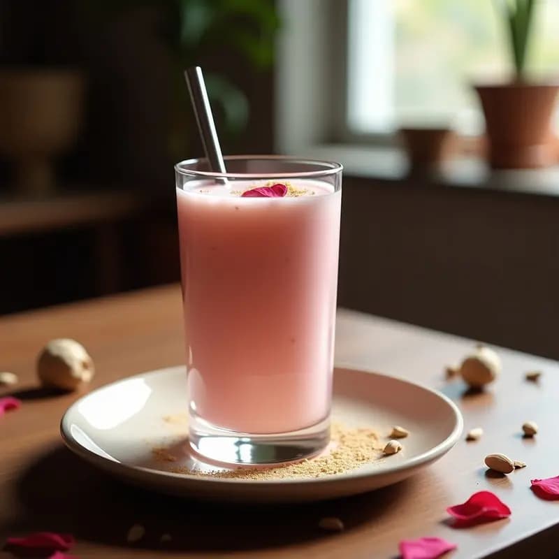 Vaso alto de cristal con Lassi de Rosa y Cardamomo, bebida india cremosa de color blanco rosáceo, decorada con pétalos de rosa y una pizca de cardamomo en polvo, servida con una pajita de metal sobre fondo de madera rústica.