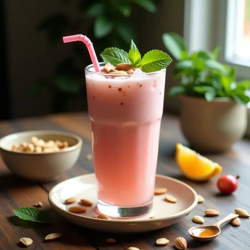 Vaso alto transparente con lassi de rosa mosqueta y cardamomo, bebida cremosa de color rosa pálido con hielo y decoración de almendras fileteadas, sobre fondo rústico de madera con semillas de cardamomo esparcidas.
