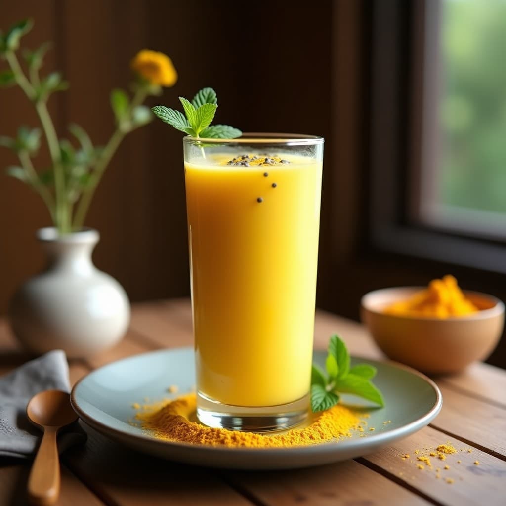 Vaso alto transparente con Lassi de Rosa Mosqueta y Cúrcuma con Semillas de Chía, bebida ayurvédica detox de color crema dorado, decorado con semillas de chía y un toque de cúrcuma en polvo, sobre una mesa de madera rústica con hojas de menta fresca y una cucharita de madera.