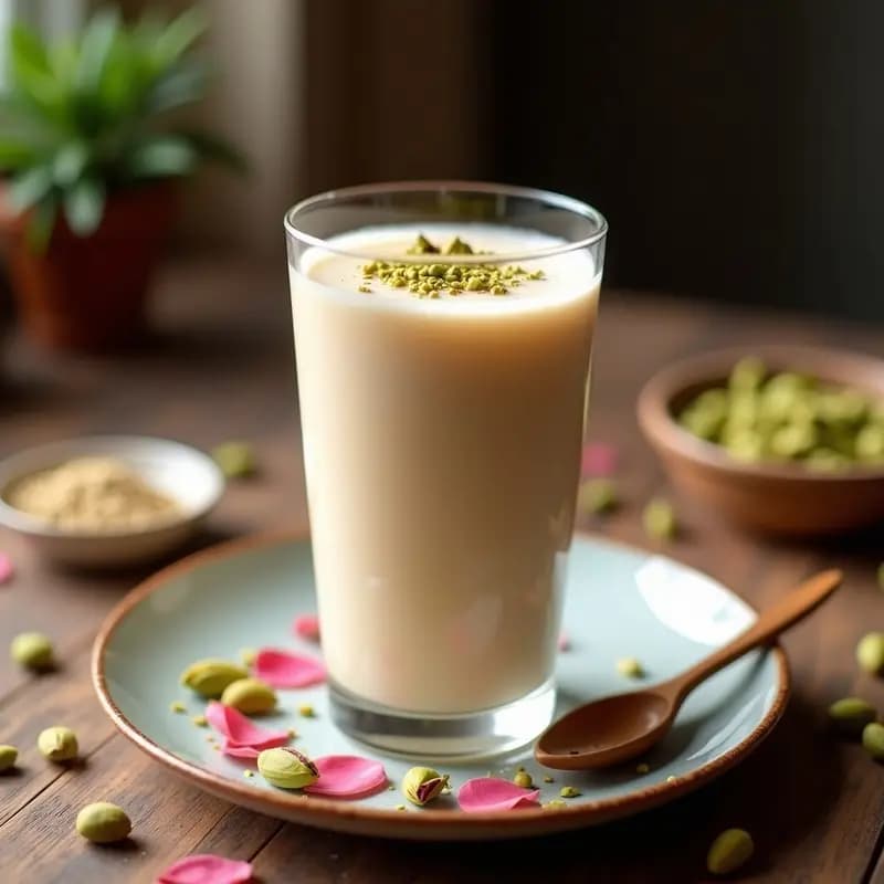 Vaso alto de cristal con Lassi de Rosa y Pistacho, bebida cremosa de color beige claro con trocitos de pistacho tostado espolvoreados en la superficie. Fondo borroso con pétalos de rosa y una cuchara de madera. Refresco indio probiótico sin azúcar.