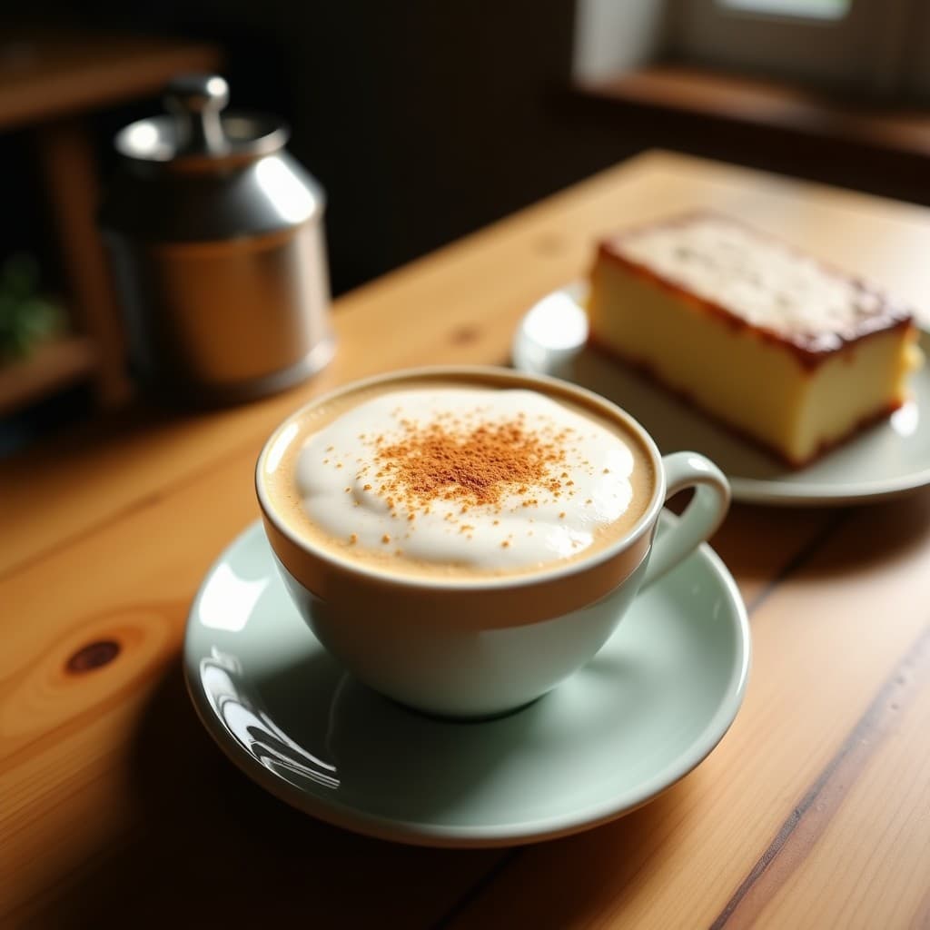 Taza de cerámica blanca con latte de golden milk dorado, coronado por una espuma de coco esponjosa y una pizca de cúrcuma en polvo. Fondo con especias (rama de canela, jengibre fresco y pimienta de Jamaica) y hojas de menta. Luz cálida y ambiente acogedor.