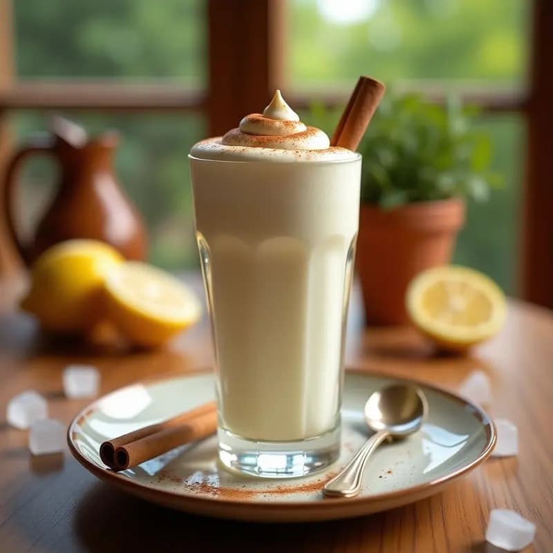 Vaso alto transparente con leche merengada casera con vainilla, espumosa y cremosa, decorada con una pizca de canela en polvo y una rama de canela al lado. Fondo borroso con hielo y limones para resaltar la frescura de esta bebida veraniega tradicional española.