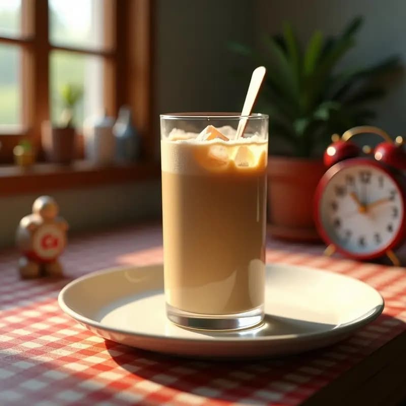 Vaso alto con leche en polvo y Cola Cao disueltos, de color marrón claro y textura cremosa, servido con una cuchara y fondo de cocina retro años 80.