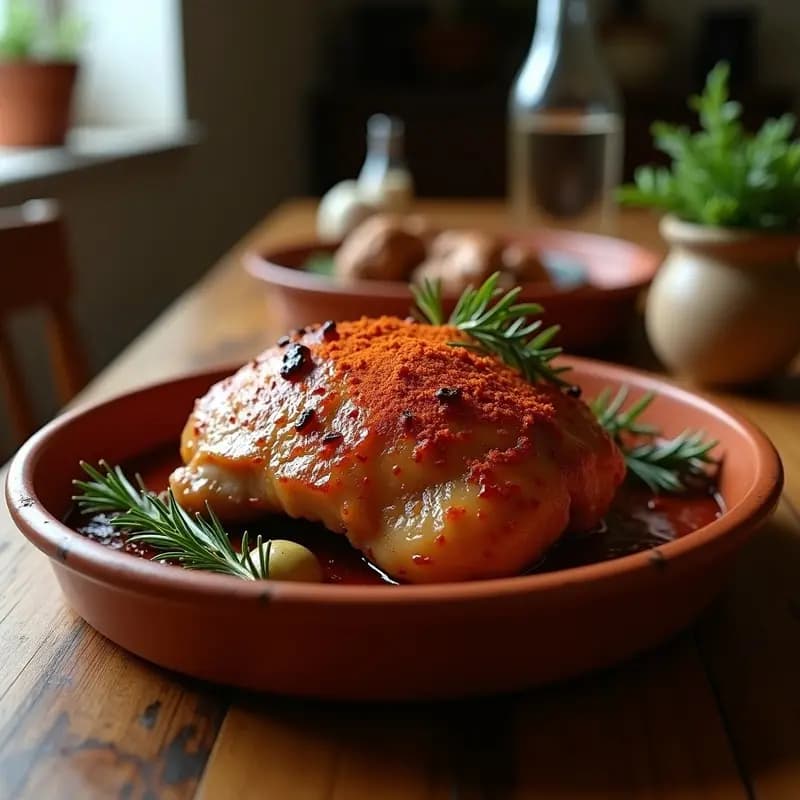 Paletilla de cerdo asada al horno con piel crujiente y dorada, espolvoreada con pimentón de la Vera, acompañada de ramitas de romero y hojas de laurel en una bandeja rústica de barro. Receta tradicional murciana de lechona asada con pimentón.