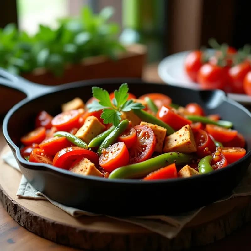 Cazuela de barro con lecsó húngaro vegano y sin gluten, pimientos rojos y amarillos en tiras, tomates en cubos y perejil fresco, servido humeante con un fondo rústico.