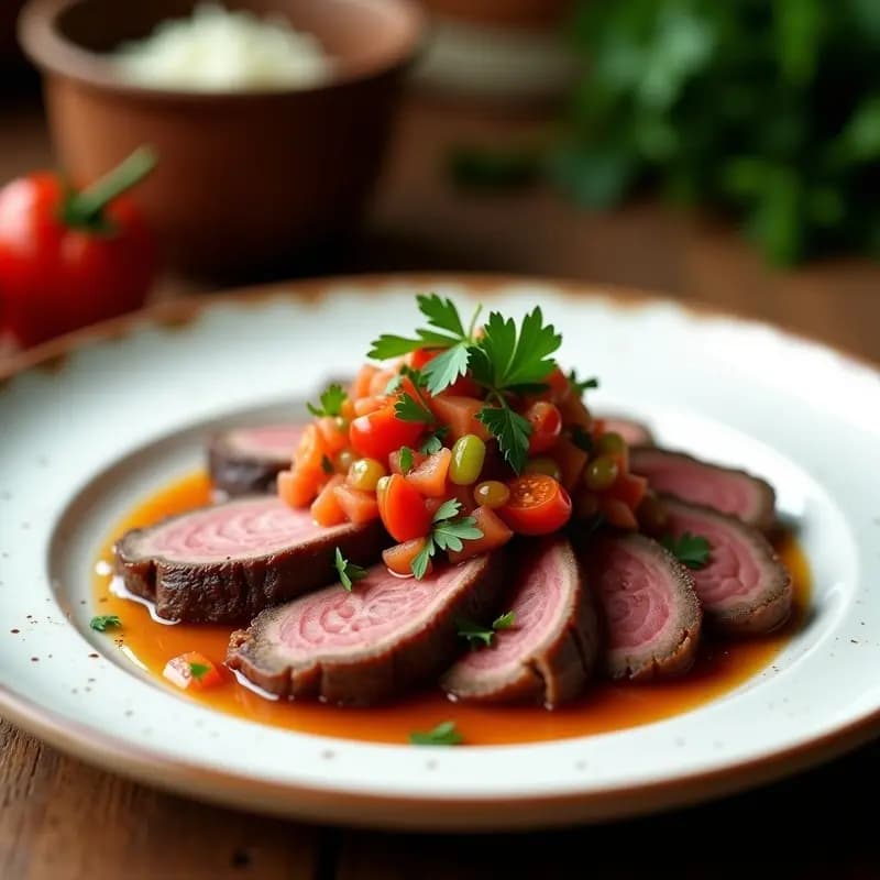 Plato de porcelana blanca con rodajas gruesas de lengua de res cocida, bañadas en adobo dorado, acompañadas de salsa criolla fresca con trozos de tomate, cebolla, pimiento, huevo duro y aceitunas. Decorado con perejil picado y servido sobre mantel rústico de lino.