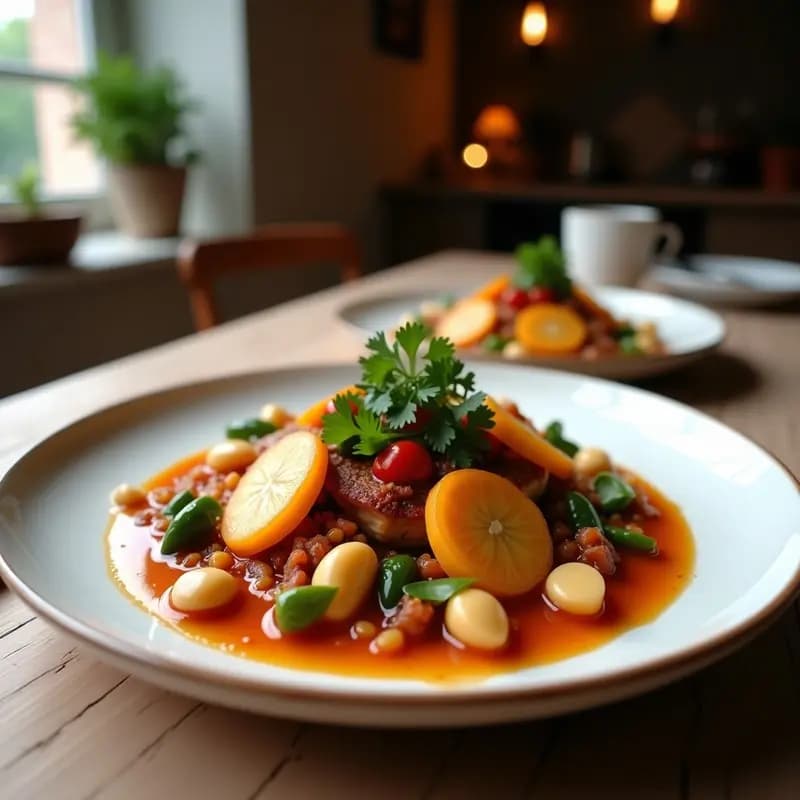 Cazuela de barro humeante con lentejas stew asturianas, morcilla de cebolla en rodajas, zanahoria, patata y puerro. Plato de cuchara tradicional con perejil fresco espolvoreado y fondo rústico de madera.