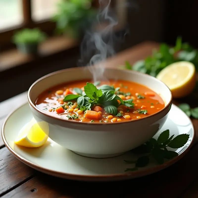 Cuenco hondo de cerámica blanca con Lentil Soup con espinacas y limón, sopa inglesa vegana y depurativa, decorada con rodaja de limón y hojas de tomillo fresco sobre fondo rústico de madera.