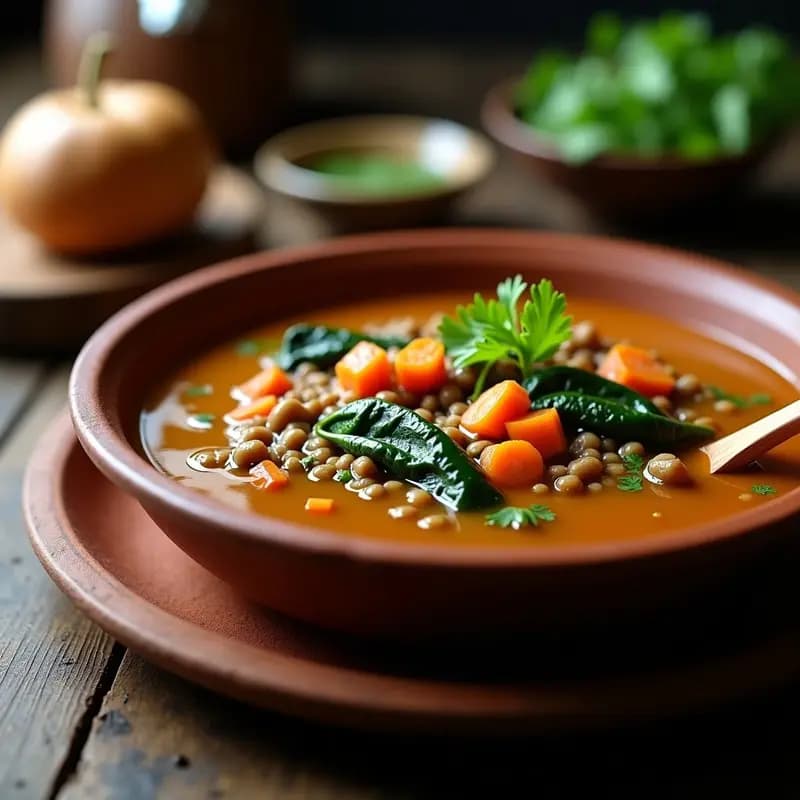 Cuenco hondo de barro con Lentil Soup con Espinacas y Zanahoria keto, espesa y humeante, con trozos de zanahoria naranja, espinacas verdes y un toque de cilantro fresco. Fondo rústico de madera con una cuchara de madera al lado.