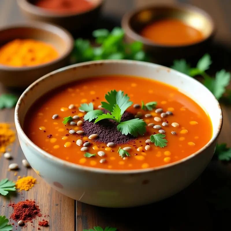 Cuenco de cerámica blanca con sopa india ayurvédica de lentejas rojas, kokum y cilantro fresco, servida humeante con un chorrito de aceite de coco y hojas de cilantro por encima. Fondo rústico con especias y kokum seco al lado.