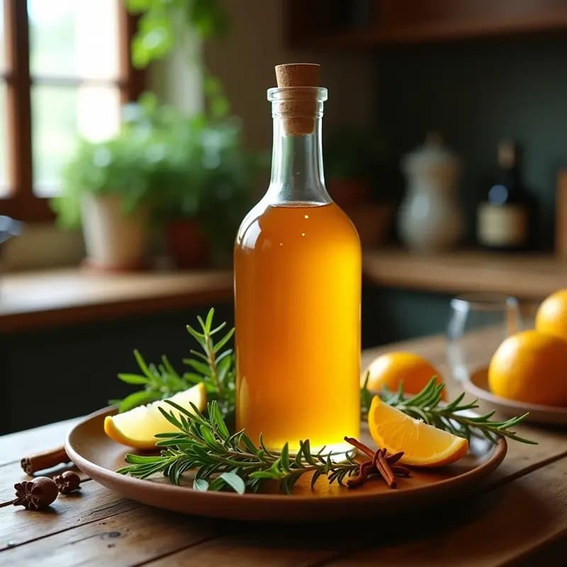 Botella de vidrio transparente llena de licor de hierbas ibicenco casero, con un color ámbar dorado y hierbas frescas flotando. Acompañada de romero, tomillo y rodajas de limón sobre una mesa de madera rústica, receta tradicional mediterránea.