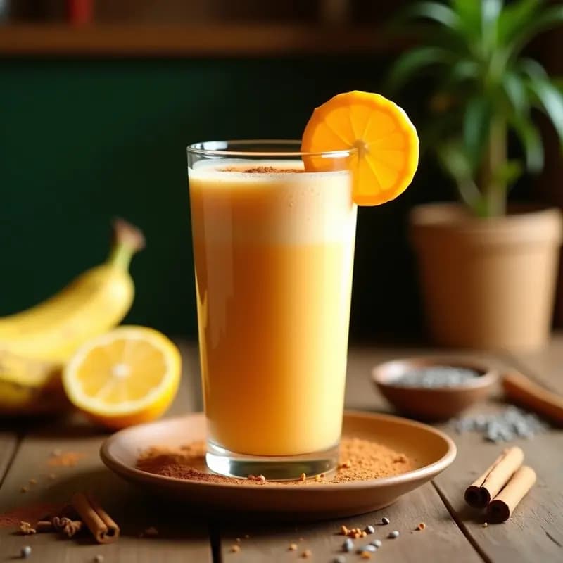 Vaso alto transparente con licuado de mamey y canela, bebida mexicana cremosa de color naranja suave, decorada con una pizca de canela en polvo y una rodaja de mamey en el borde, sobre una mesa de madera rústica con hojas de plátano de fondo.