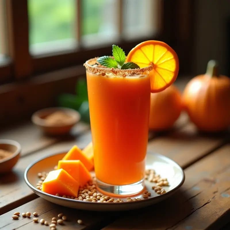 Vaso alto de cristal con licurado de papaya y semillas de calabaza, bebida mexicana para la digestión, decorado con rodaja de naranja agria y semillas de calabaza tostadas sobre una mesa rústica de madera con hojas de hierbabuena.