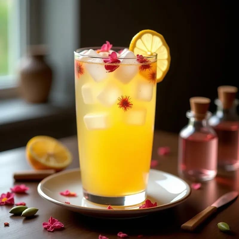 Copa alta de cristal con limonada dorada de azafrán y cardamomo, decorada con pétalos de rosa y hielo, sobre un fondo de madera oscura con hebras de azafrán y semillas de cardamomo esparcidas.