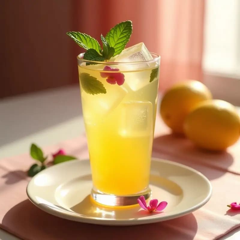 Vaso alto de cristal con limonada dorada de azafrán y menta, cubitos de hielo transparentes con pétalos de rosa en su interior, decorado con una ramita de menta fresca y rodajas de limón. Bebida persa refrescante y elegante.