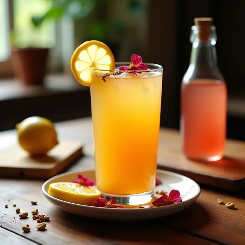 Vaso alto de cristal con limonada de azafrán y rosa, dorada y translúcida, decorada con rodajas de limón amarillo, pétalos de rosa comestible y hielo. Fondo borroso con jarrones persas y luz natural.