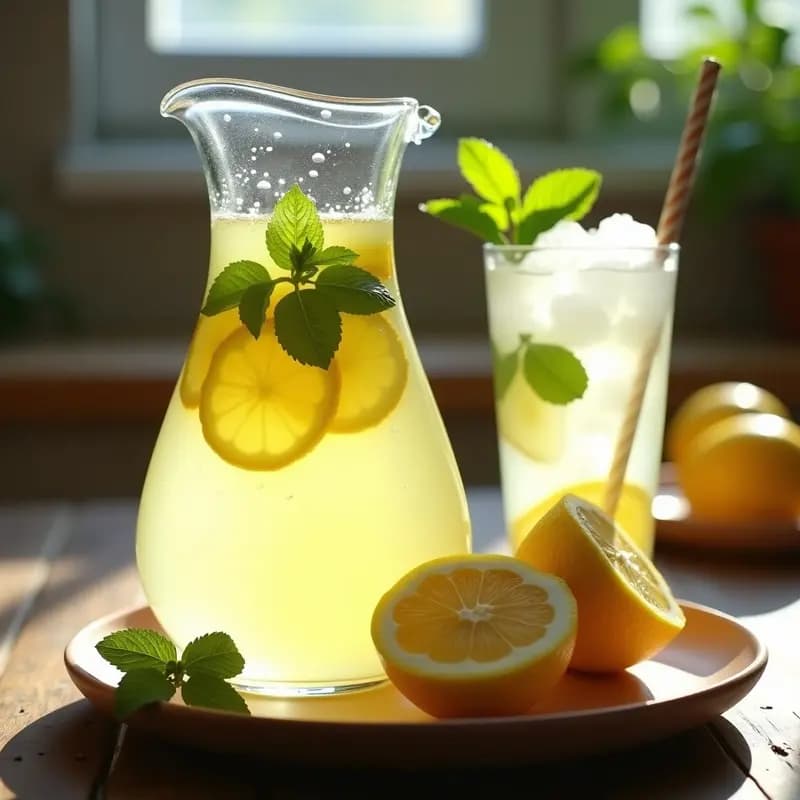 Jarro de cristal transparente lleno de limonada casera con hierbabuena, rodajas de limón amarillo y hojas verdes de hierbabuena flotando. Vaso alto con hielo y pajita de papel sobre fondo de madera rústica con luz natural de verano.