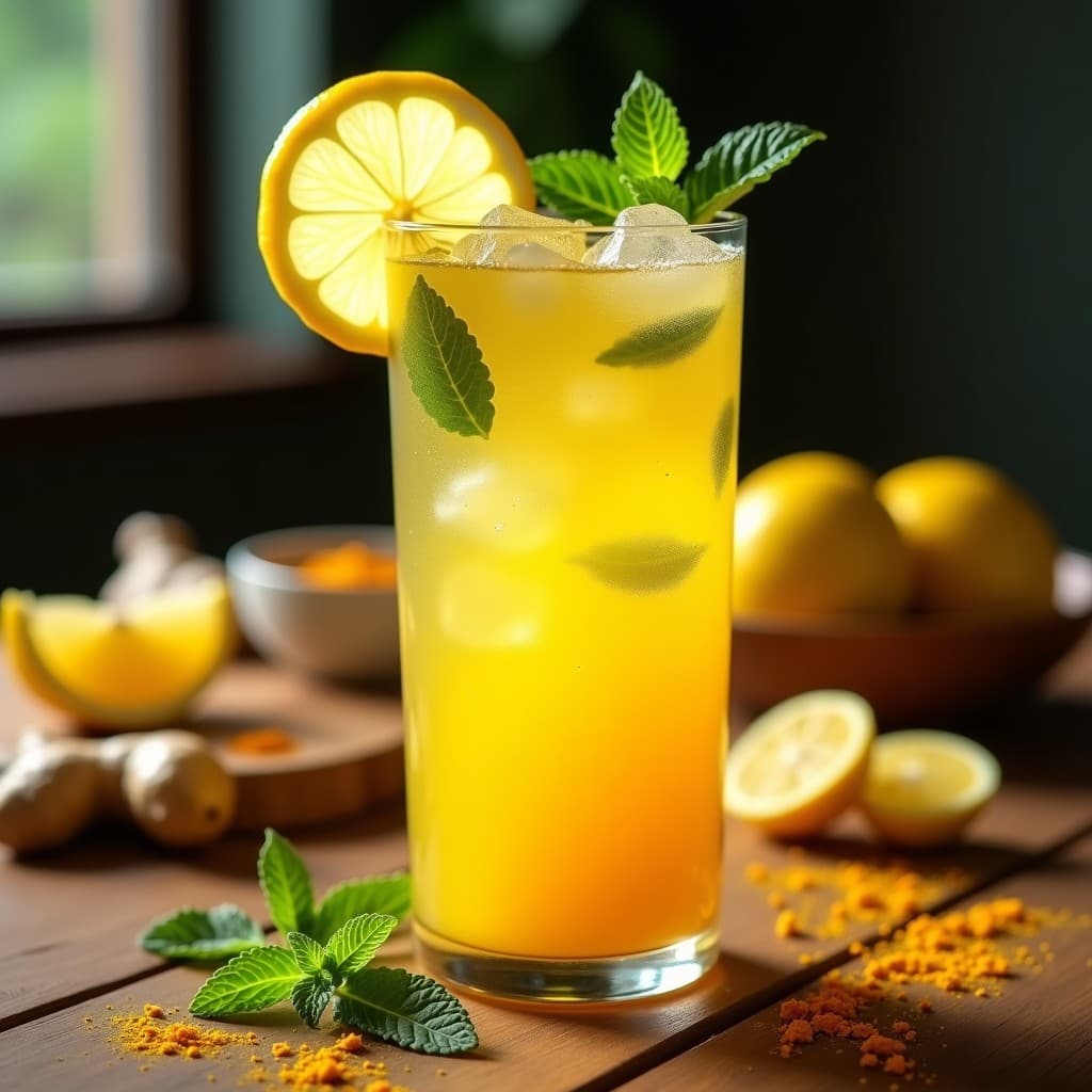 Vaso alto transparente con limonada de cúrcuma y jengibre antiinflamatoria, decorada con rodajas de limón, hojas de menta fresca y hielo picado, sobre una mesa de madera rústica con fondo desenfocado.