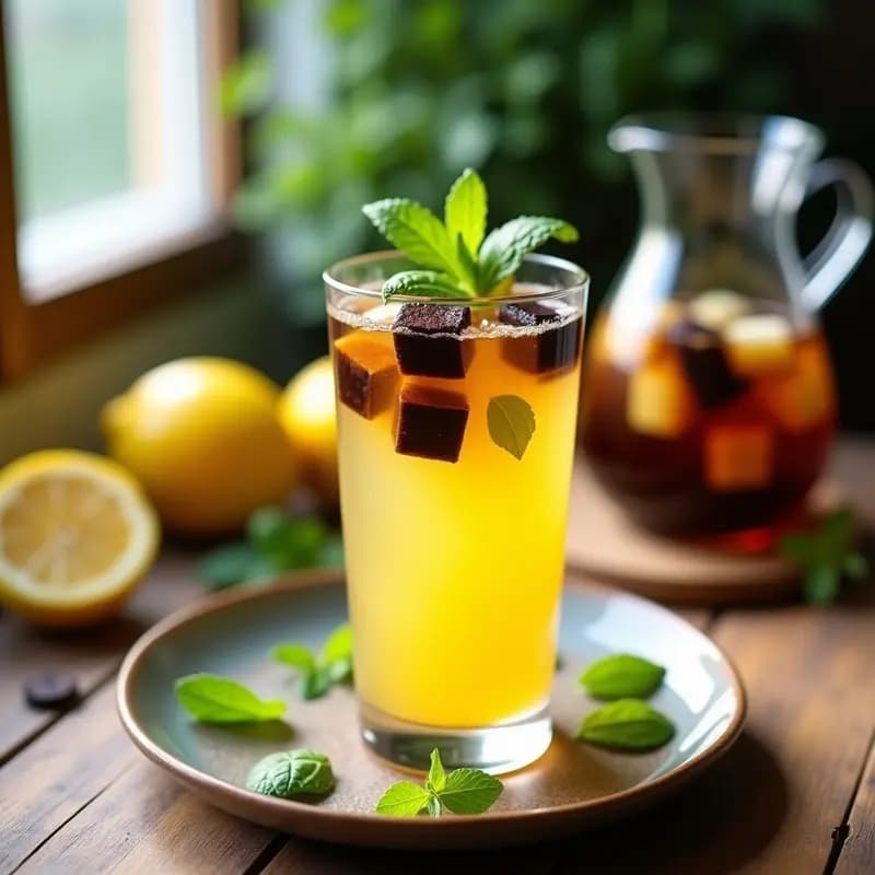 Vaso alto transparente con limonada amarilla brillante, hojas de hierbabuena fresca y cubitos de hielo de café oscuro, decorado con una ramita de hierbabuena. Fondo de mesa de madera rústica con limones cortados y una jarra de cristal.
