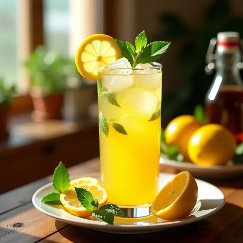 Vaso alto transparente con limonada amarilla brillante, hielo picado, rodajas de limón y ramitas de hierbabuena fresca, sobre una mesa rústica de madera con fondo de luz solar andaluza.