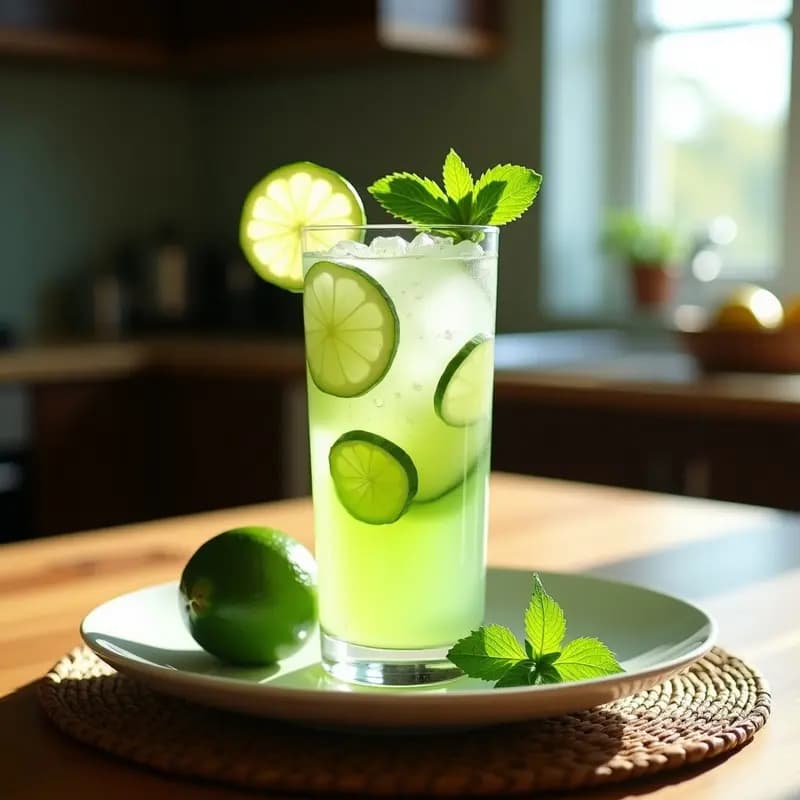 Vaso alto de cristal con limonada de hierbabuena y pepino, decorado con rodajas finas de pepino y hojas frescas de hierbabuena, sobre una mesa de madera rústica con fondo de luz natural y gotas de condensación en el vaso.