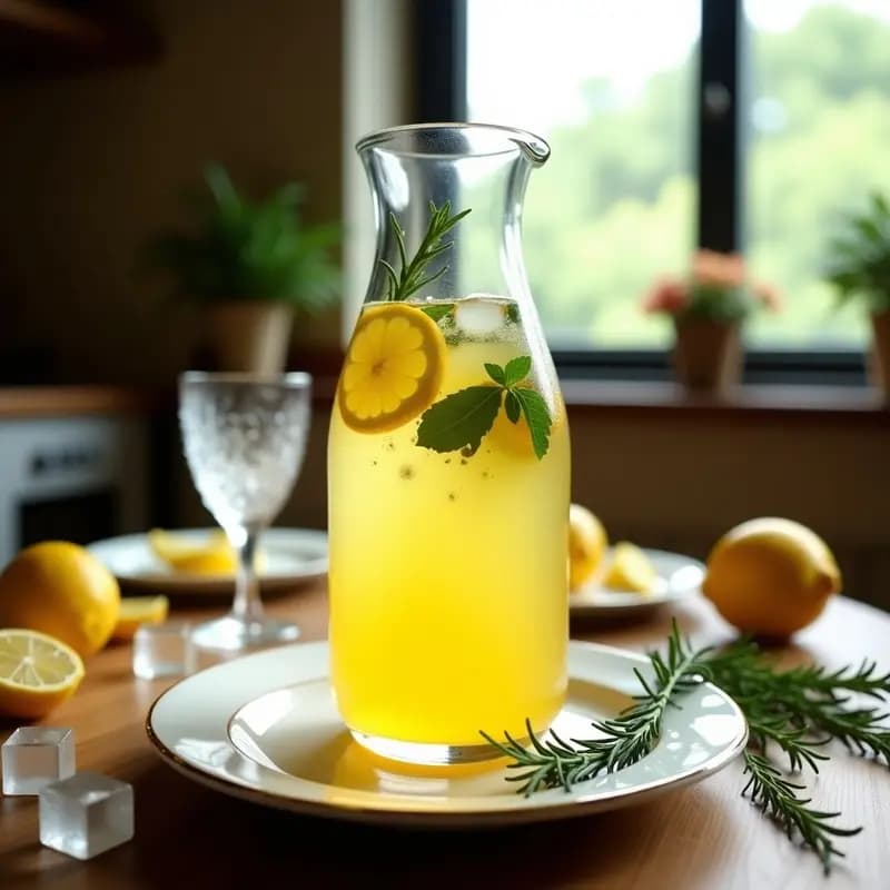 Jarra de vidrio transparente con limonada de hierbas provenzales con miel y romero, decorada con rodajas de limón, hojas de menta y una rama de romero fresco sobre una mesa rústica de madera con hielo picado y vasos altos de cristal.