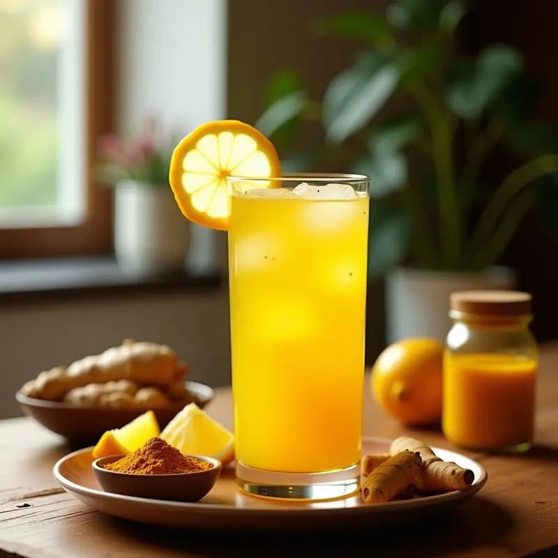 Vaso alto transparente con limonada dorada de jengibre y cúrcuma, decorado con rodaja de limón y hielos, sobre fondo de madera rústica con ingredientes alrededor: raíz de jengibre, cúrcuma en polvo y miel de agave.