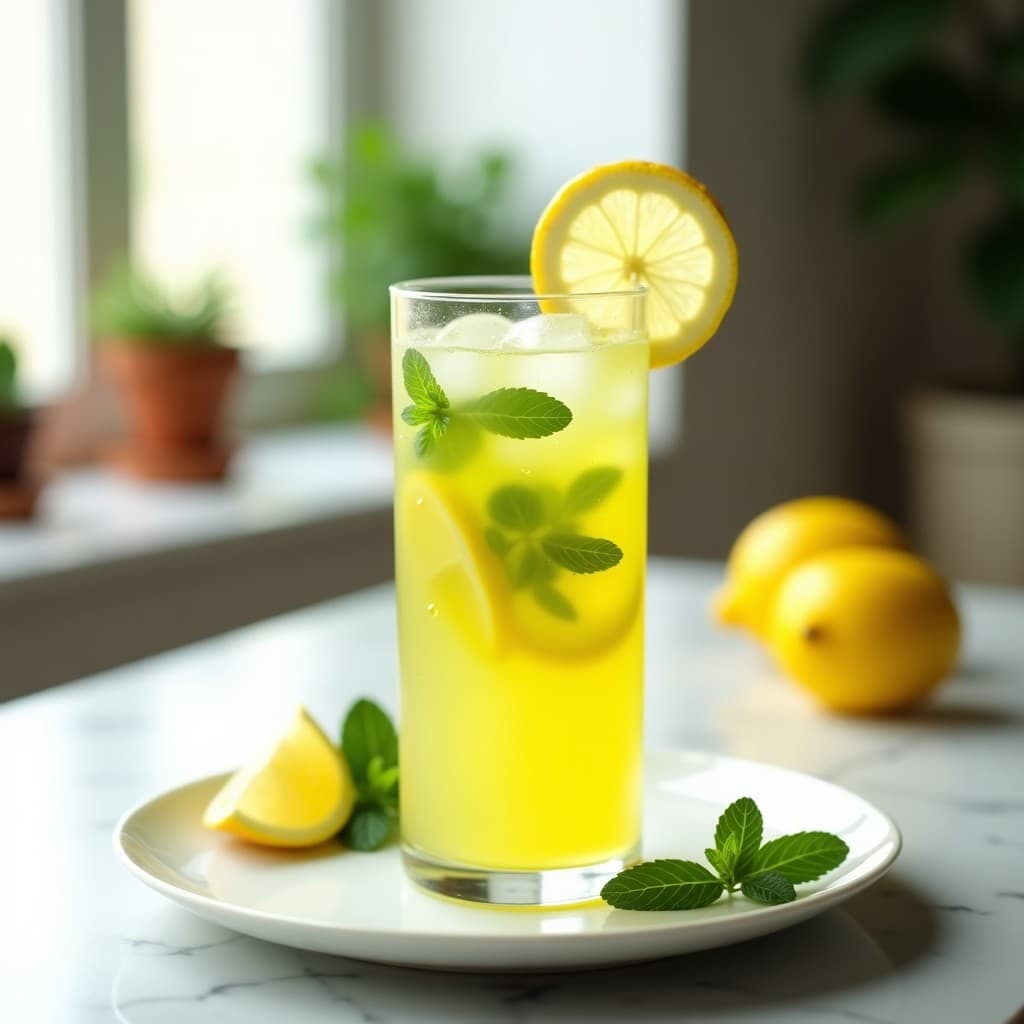 Vaso alto transparente con limonada de jengibre y menta detox, decorado con rodajas de limón amarillo, hojas de menta fresca y hielo picado, sobre fondo blanco con gotas de agua condensadas.
