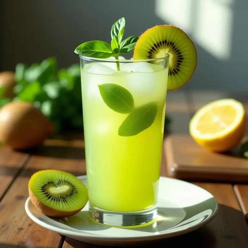 Vaso alto transparente con limonada de kiwi y albahaca, decorado con hojas frescas de albahaca y rodajas de kiwi, sobre una mesa rústica con luz natural, bebida italiana refrescante y rica en vitamina C.