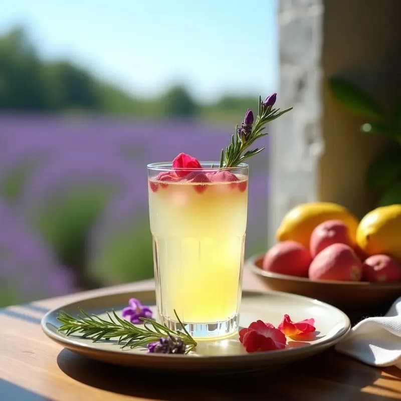 Vaso alto de cristal con limonada de lavanda y romero, decorado con rodajas de limón amarillo, una ramita de romero fresco y flores de lavanda. Fondos de hierbas provenzales y luz natural suave.