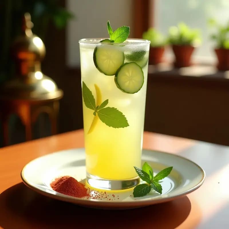 Vaso alto de cristal con limonada de mentas y pimienta rosa, decorado con hojas de menta fresca, rodajas de limón y pepino, servido con hielo picado y una pizca de pimienta rosa molida por encima. Fondo borroso con tonos cálidos que evocan un zoco marroquí.