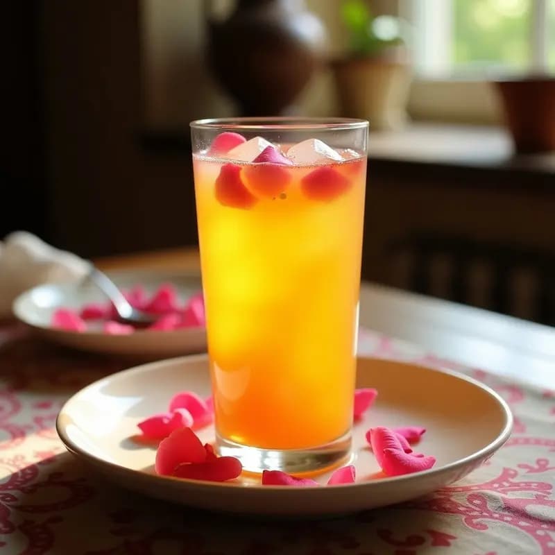 Vaso alto de cristal con limonada de rosas y azafrán, decorado con pétalos de rosa frescos y hielo picado, sobre una mesa rústica con fondo de jardín persa.