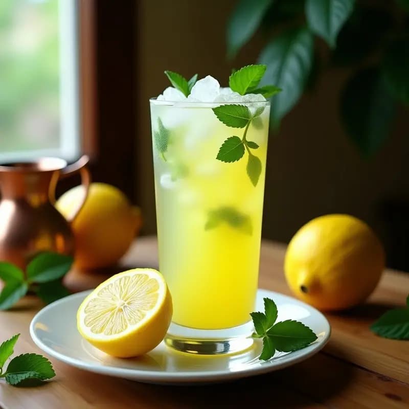 Vaso alto transparente con limonana libanesa, repleto de hielo picado fino, decorado con hojas frescas de hierbabuena y una rodaja de limón amarillo. La bebida tiene un color amarillo pálido con burbujas sutiles, servida sobre una mesa de madera rústica con un fondo de telas árabes y luz natural suave.