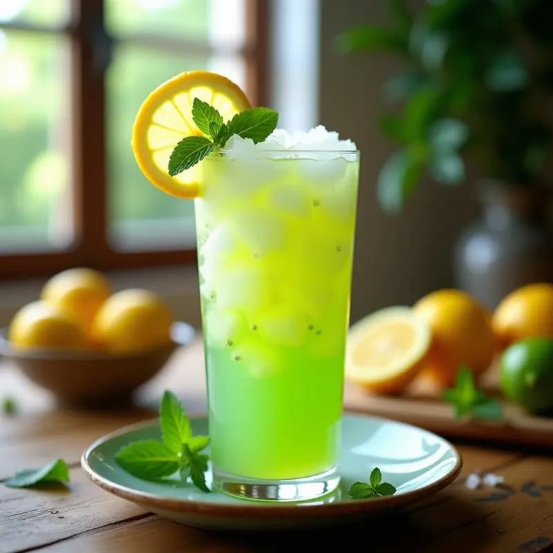 Vaso alto transparente con Limonana israelí, bebida de limón y menta fresca con hielo picado, decorado con ramita de menta y rodaja de limón al borde. Fondo borroso con luz natural de verano.