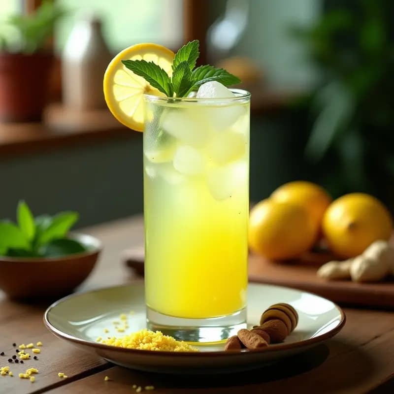 Vaso alto transparente con limonana mediooriental, decorado con hielo picado, rodajas de limón y una ramita de menta fresca. Fondo borroso con texturas de especias como jengibre rallado y semillas de cardamomo.
