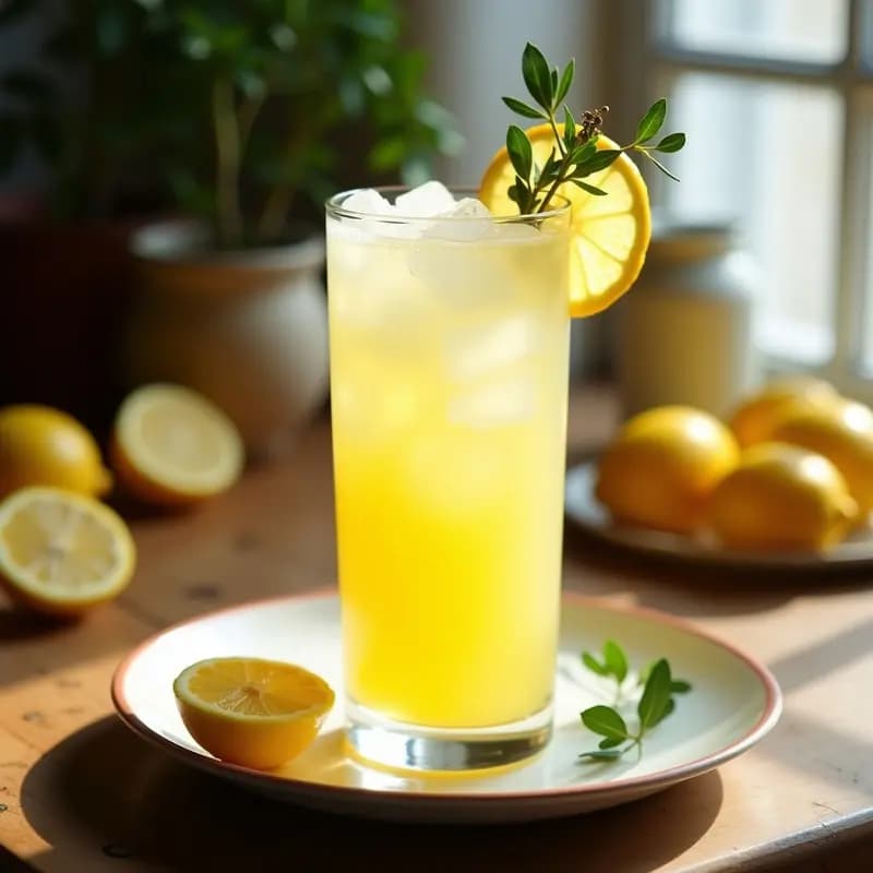 Vaso alto transparente con limonana palestina, bebida refrescante de color amarillo pálido con hielos picados, decorada con rodaja de limón y hoja de hierba luisa en el borde. Fondo de mesa rústica con limones frescos y hierbas aromáticas.