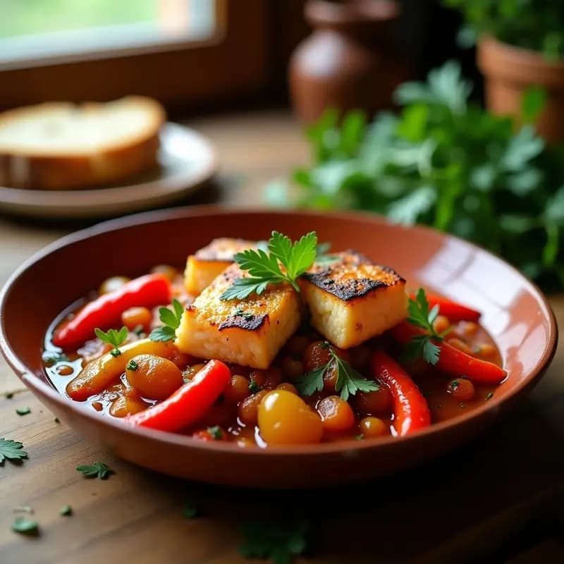 Plato hondo de barro con llacón mallorquín: trozos de bacalao desalado dorados, pimientos rojos y verdes asados en tiras, salsa de tomate y cebolla, decorado con perejil fresco.