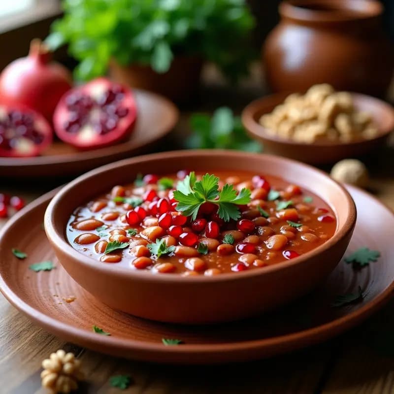 Plato hondo de barro con Lobio Georgian: frijoles rojos estofados en salsa cremosa de nueces, decorado con semillas de granada y cilantro fresco, sobre fondo rústico de madera.
