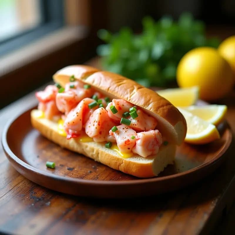 Lobster Roll de Nueva Inglaterra en pan brioche tostado, relleno de trozos de langosta bañados en mantequilla de limón con jengibre y cebollino, servido sobre hoja de lechuga butterfly en plato de madera rústica.