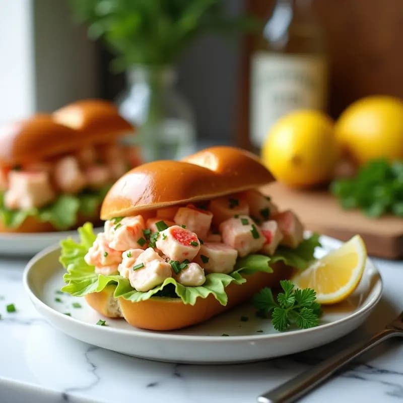 Lobster Roll Americano con mayonesa y hierbas frescas en pan brioche dorado, servido sobre tabla de madera con fondo borroso de limón y hierbas. Sándwich gourmet abierto mostrando el relleno de langostino jugoso y cremoso.
