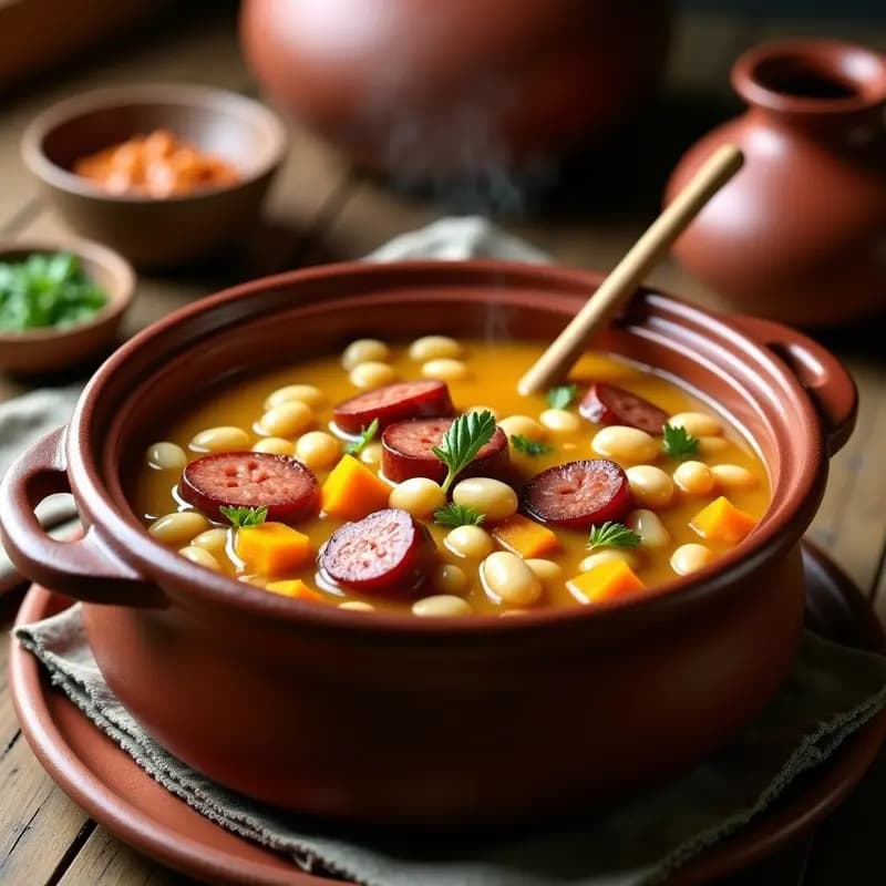 Olla de barro humeante con locro argentino de maíz y porotos, chorizo colorado en rodajas, zapallo anco y especias, servido en plato hondo rústico con decoración tradicional.