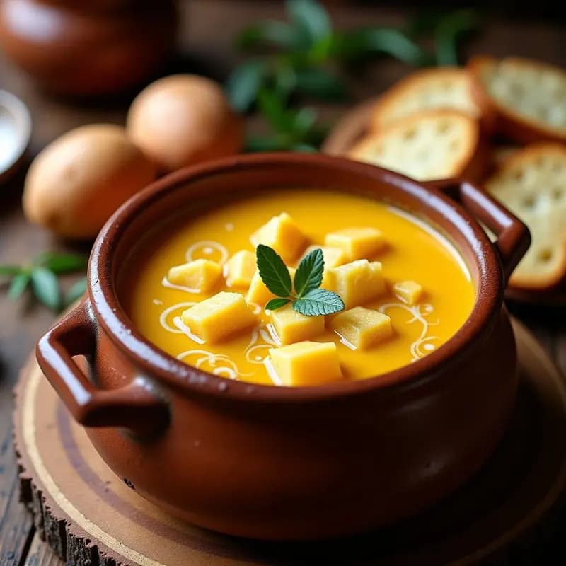 Olla de barro humeante con locro de papa peruano, papas amarillas y moradas en cubos, queso fresco desmenuzado fundido y tiras de rocoto rojo brillante, decorado con hojas de hierbabuena sobre un mantel rústico de lana andina.