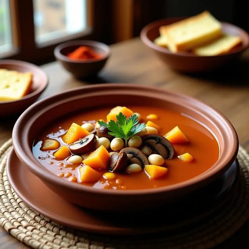 Plato hondo de barro repleto de locro argentino vegano con calabaza y maíz, guiso andino en olla lenta con trozos de calabaza anco, maíz blanco, porotos pallares y cilantro fresco espolvoreado, servido sobre una mesa de madera rústica con pan de maíz al lado.